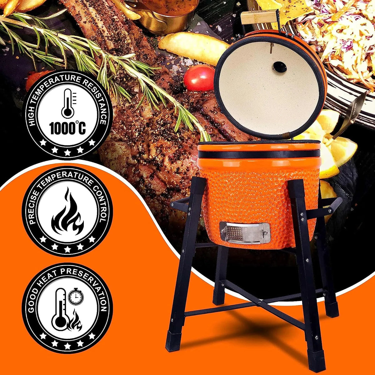 London Sunshine Ceramic Kamado Charcoal BBQ Grill -The Junior Series with Tall Stand (BLACK)