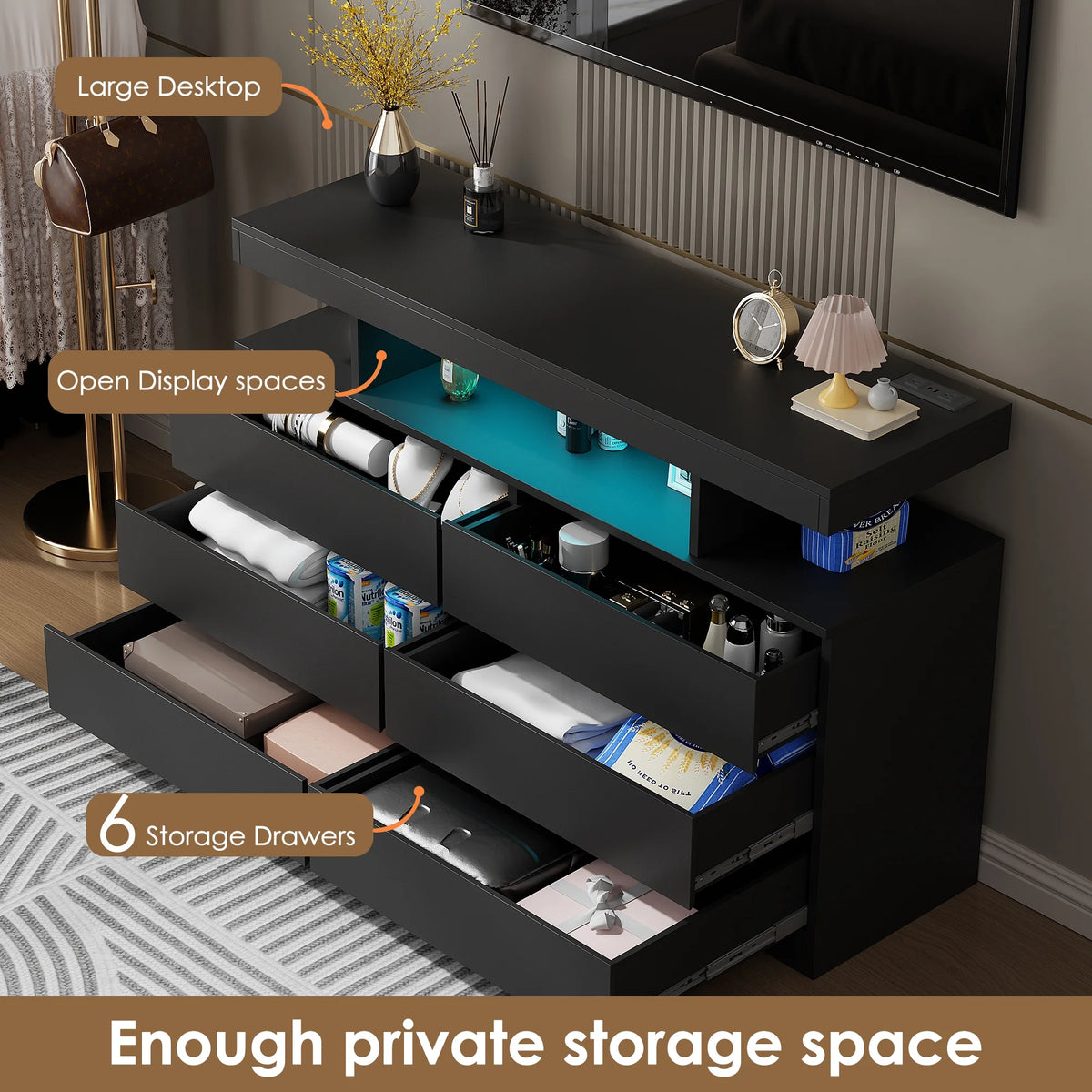 BEWISHOME Black 6-Drawer Dresser with LED Lights & Charging Station Modern Wood Storage Cabinet with Open Shelge Cabinet with Open Shelf, USB Ports & Outlets 47.24" Bedroom & Living Room TV Stand