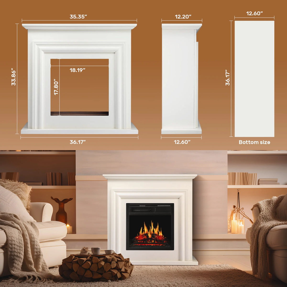 Electactic Electric Fireplace, Free Standing Fireplace, with Remote Control, Adjustable LED Flame, 750W/1500W -White