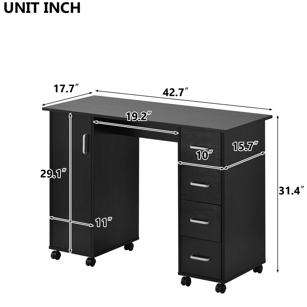 Sesslife White Computer Desk, Writing Desk with Lockable Wheels Modern Wood Study Desk with 4 Drawers for Home Office Workstation