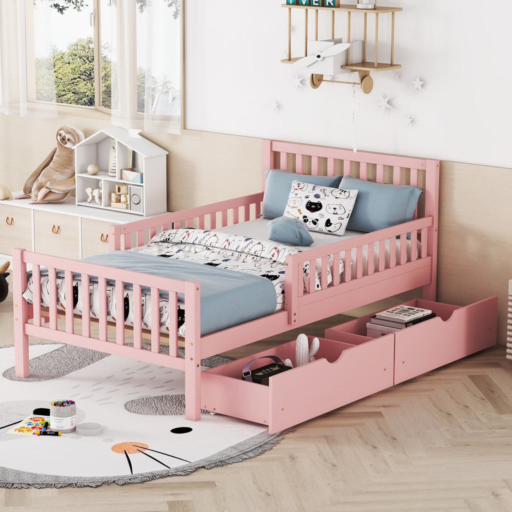 Bellemave Twin Bed with Storage Drawers and Fence Rails, Wood Platform Beds Frame with Headboard, Twin Size Storage Bed for Kids Boys Girls Teens White)