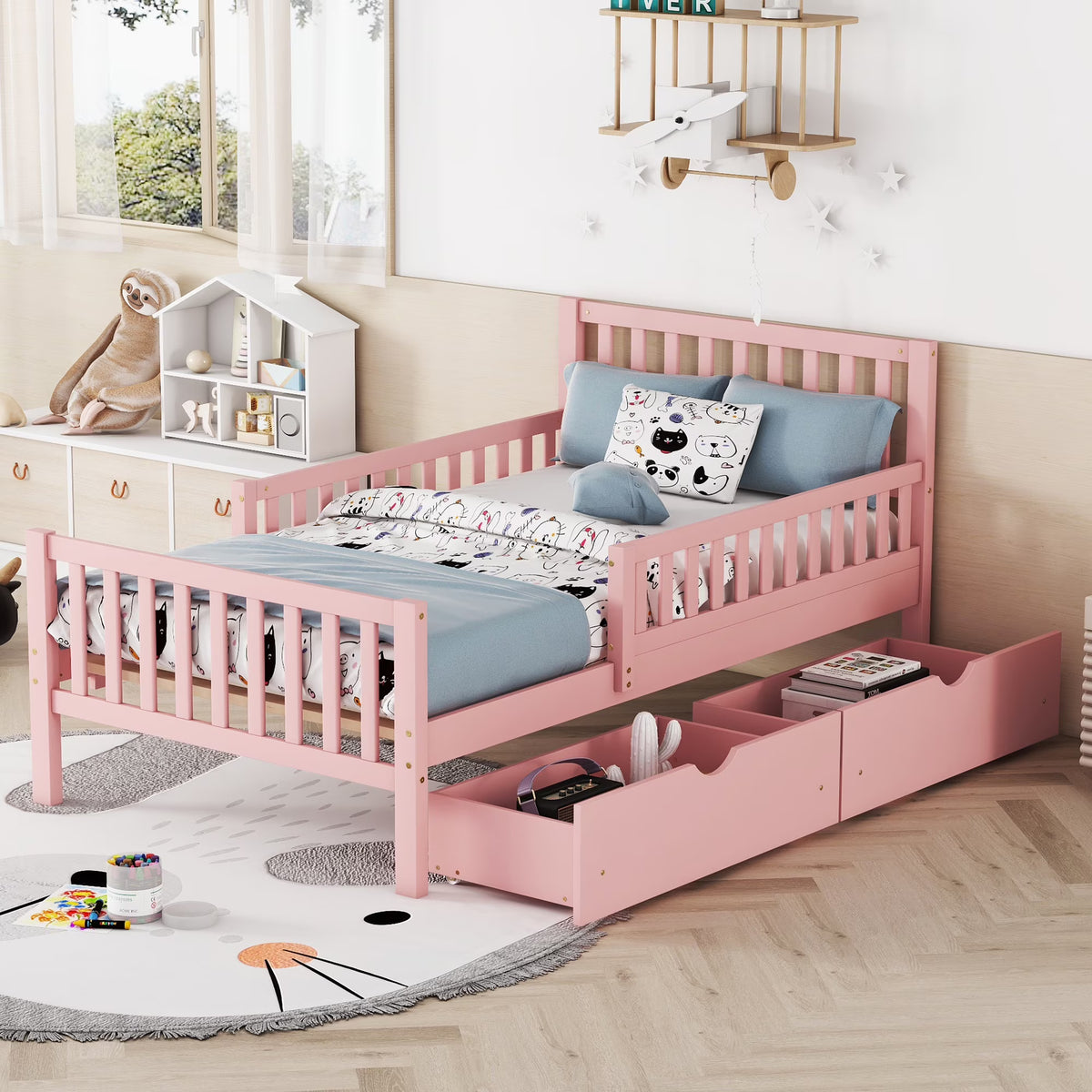 Bellemave Twin Bed with Storage Drawers and Fence Rails, Wood Platform Beds Frame with Headboard, Twin Size Storage Bed for Kids Boys Girls Teens White)