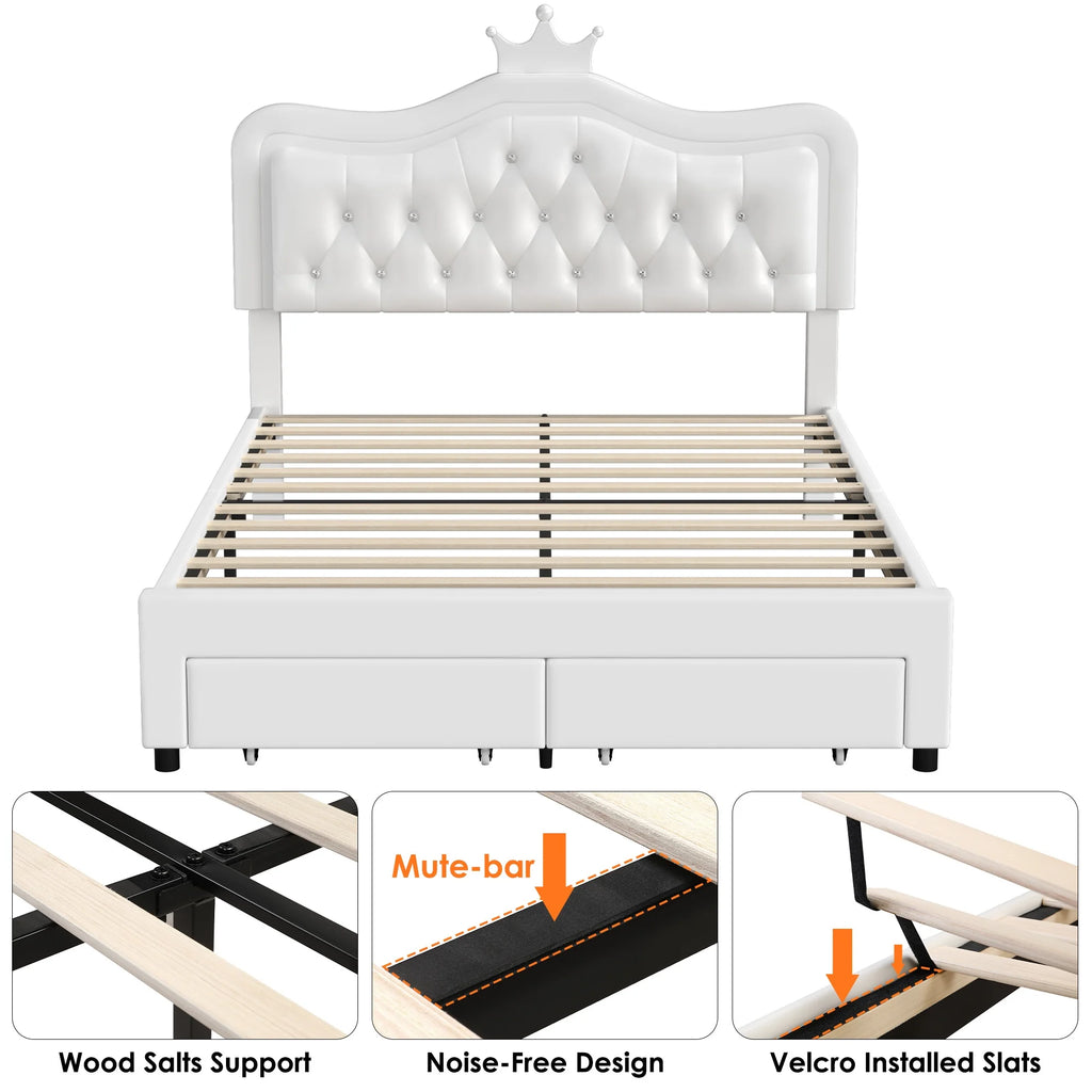Homfa Full Size Bed, LED Upholstered Bed with Adjustable Crystal Button Tufted Crown Headboard, Soft PU Princess Platform Bed with Storage Drawers, Pink