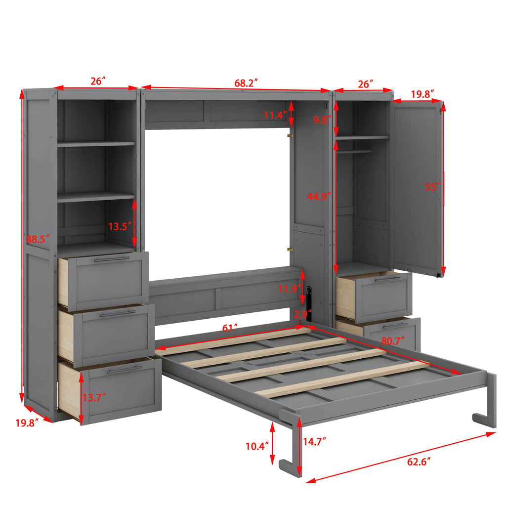 YunNianYang Queen Size Gray Murphy Bed Wall Bed with Closet ,Drawers and Shelves