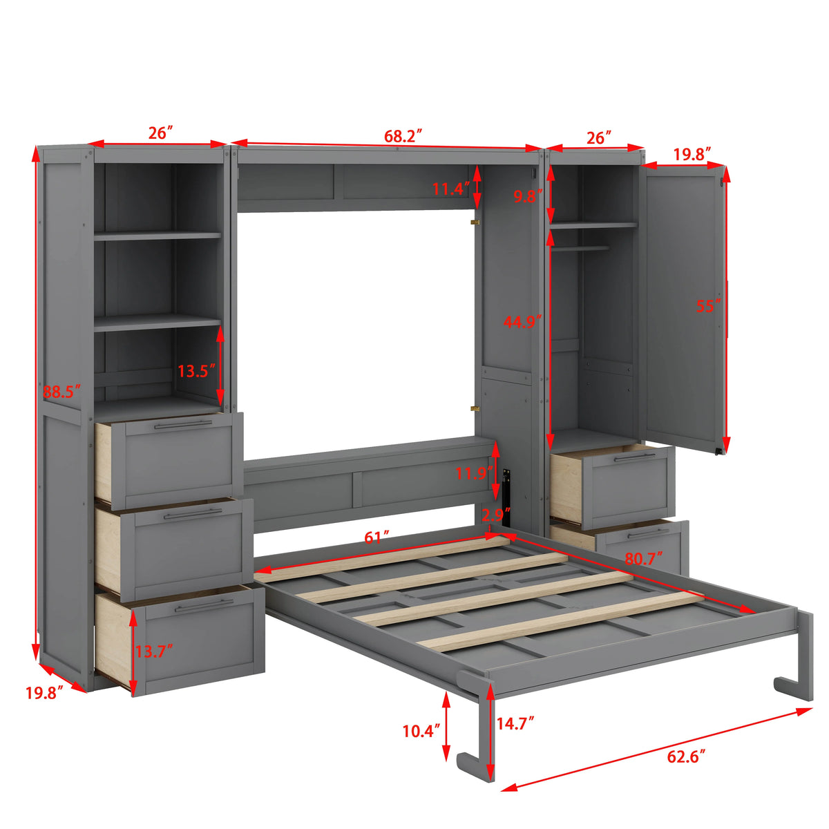 YunNianYang Queen Size Gray Murphy Bed Wall Bed with Closet ,Drawers and Shelves