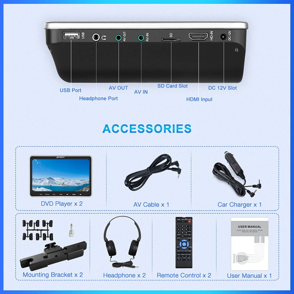 Pumpkin 10.1 Dual Headrest DVD Players for Car with Headphones, 2 Mount Brackets HDMI Input Region Free Last Memory