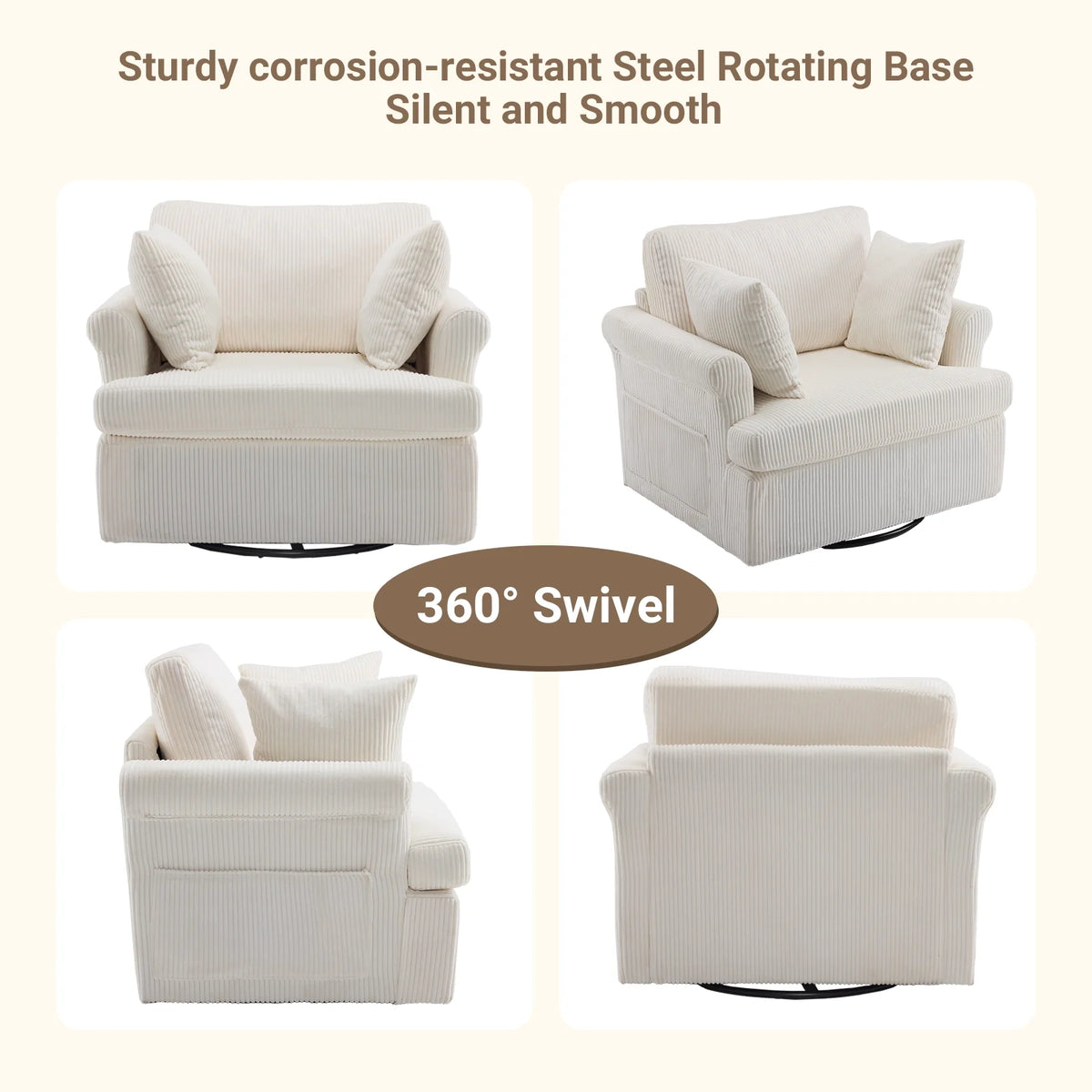 Ktaxon Swivel Accent Chair, 360-Degree Rotation Reading Chair, Corduroy Fabric Sofa with Armrest Pockets, Solid Metal Base, Perfect for Living Room Bedroom Black