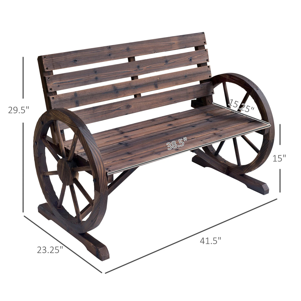 DUOSONG Outsunny 41" Wooden Wagon Wheel Bench, Rustic Outdoor Patio Weather Resistance Furniture, 2-Person Slatted Seat Bench With Backrest, Carbonized Brown Wood Garden & Outdoor Outdoor & Patio