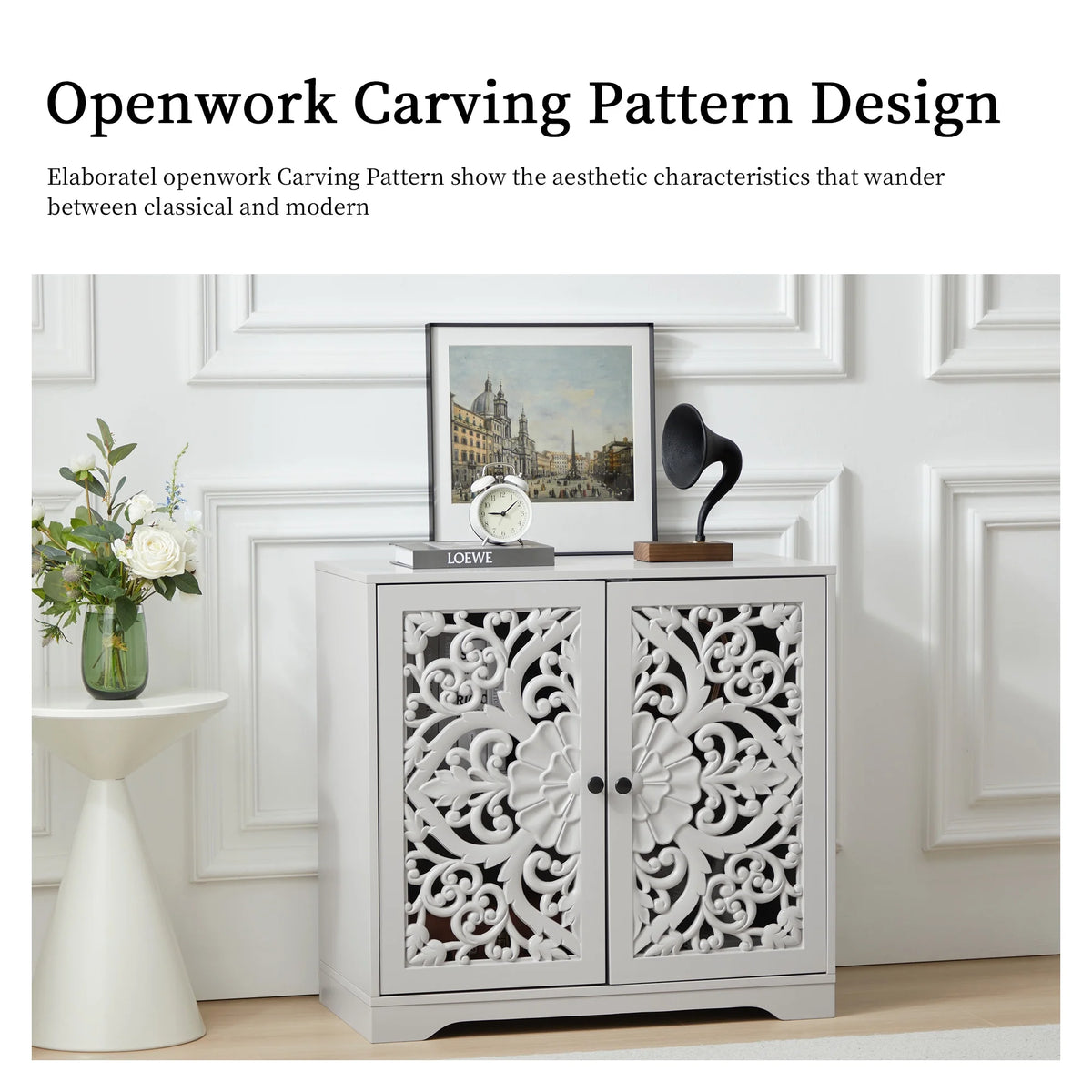 Accent Cabinet with Hollow Carved Door for Entryway Hallway, Blue Sideboard Buffet Cabinet, Storage Cabinet for Living Room