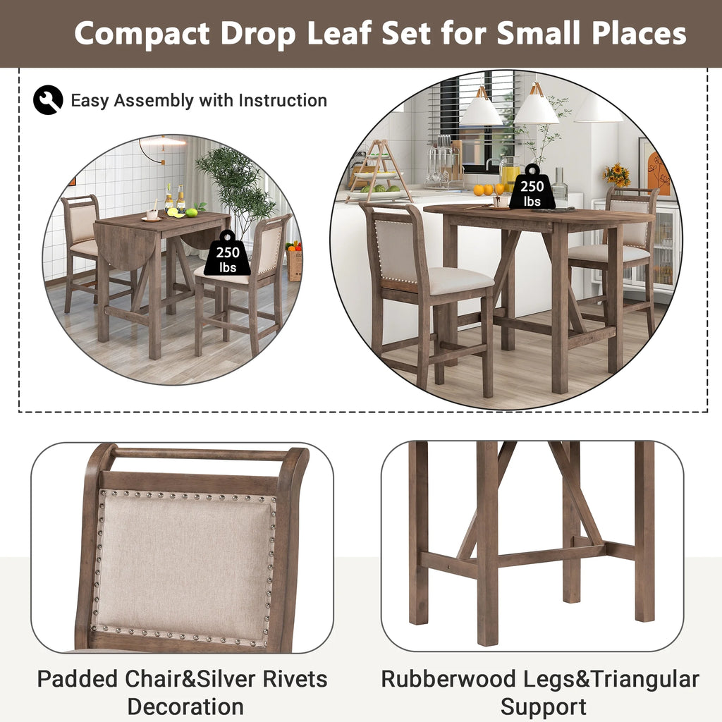 Harper & Bright Designs 3 Piece Wood Folding Dining Table Set Drop Leaf Table with 2 Padded Counter Height Dining Chairs for Small Place, Brown