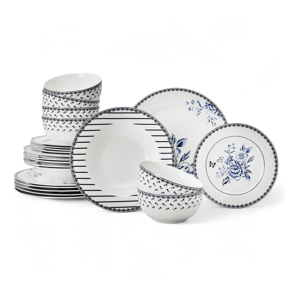 STP GOODS Melodie de Fleurs Bone China Dinnerware Set of 24 Service for 6 24-Piece Dish Set of Plates and Bowls, Blue Gold White