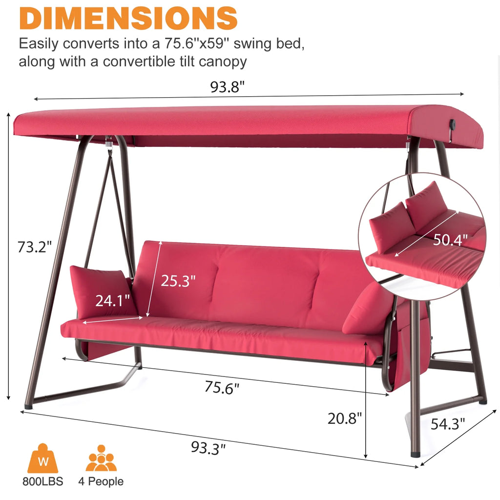 CHINNLUU Oversized 4 Person Porch Swing with Stand 800 LBS Capacity Adjustable Canopy Backrest Includes Cushions Pillows Patio 2 in 1 Swing Bed for Backyard Garden Poolside, Champagne