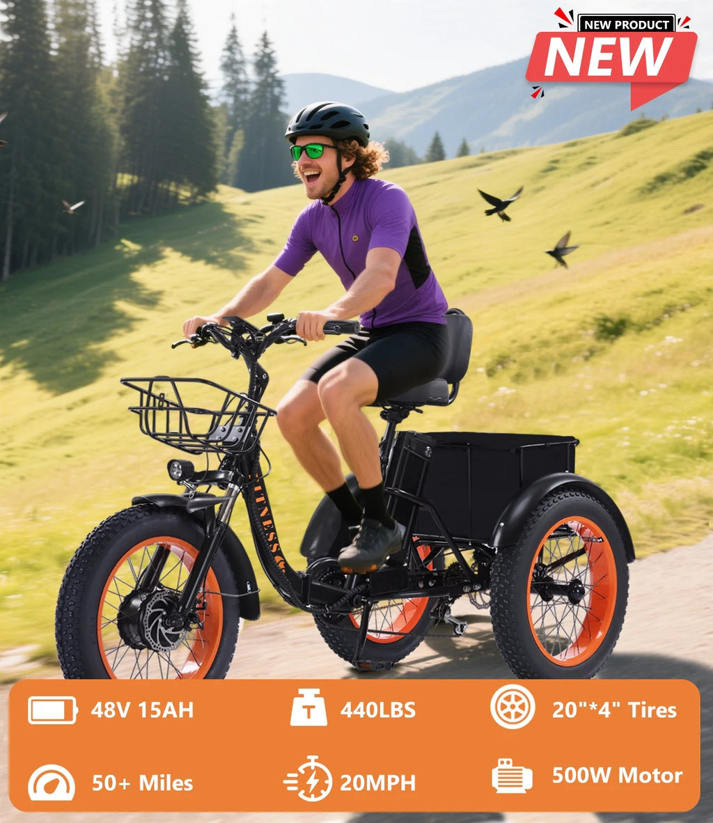 YEBEI Electric Tricycle for Adults Folding E-Trike Motorized Tricycle Electric 3 Wheels Trike Powerful 500W Motor Electric Tricycle 48V15AH Lithium Battery Max 20MPH 20*4.0 Fat Tire Orange