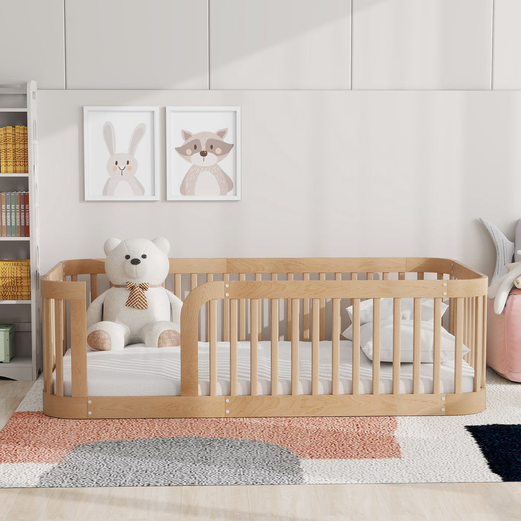 Euroco Twin Size Floor Bed with Fence for Kids Teens and Toddlers, White