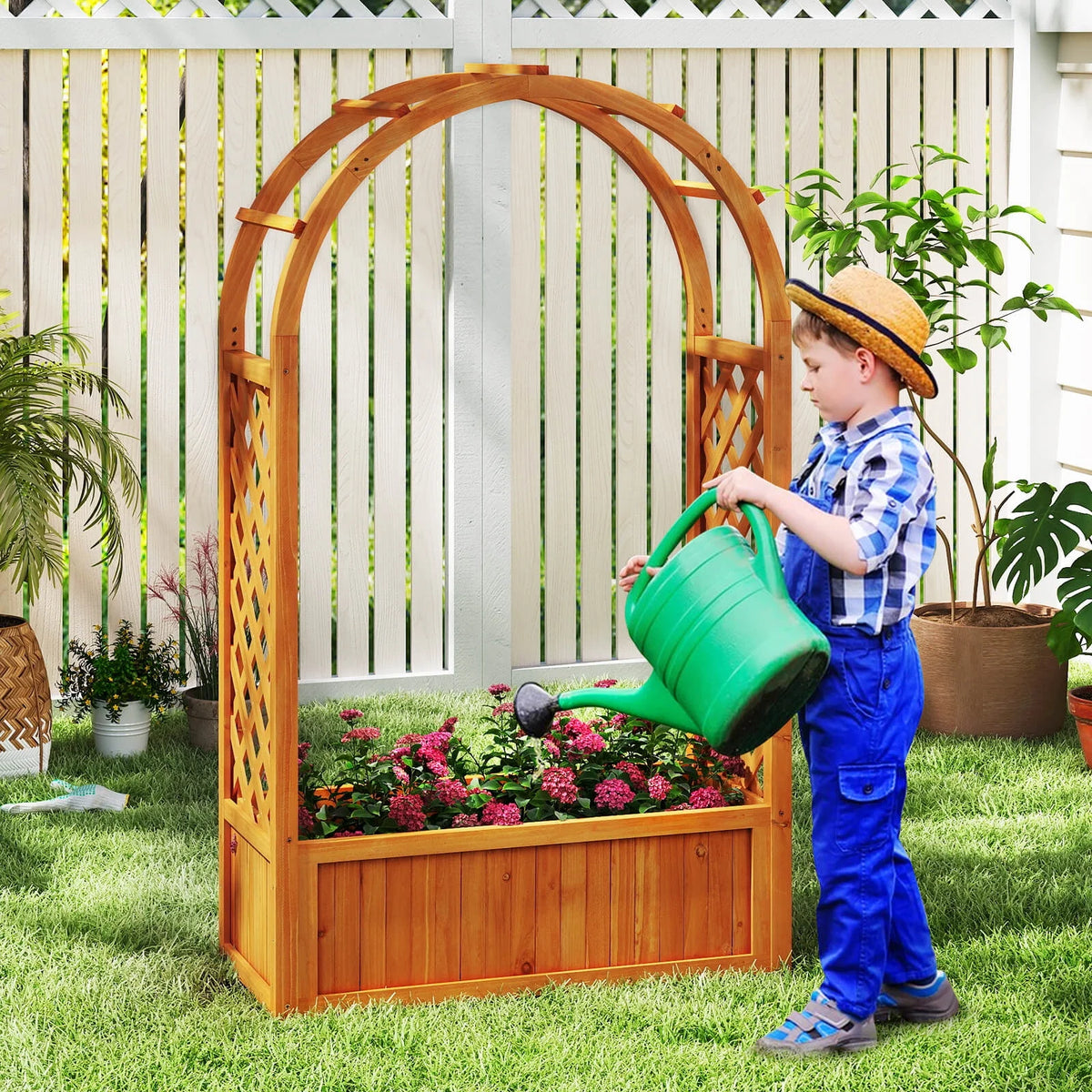Costway 1 PCS Raised Garden Bed Wooden Elevated Planter Box with Lattice Trellis & Ached Roof
