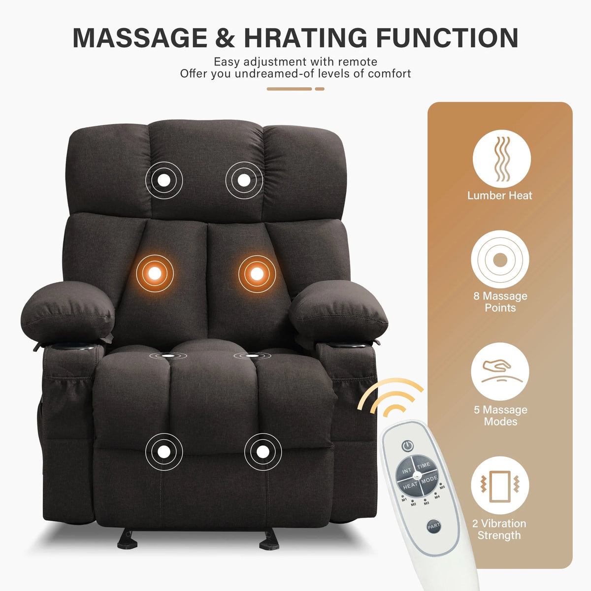 JONPONY Manual Recliner Chair with Heat Therapy and Massage Function, Heavy Duty Reclining Mechanism Massage Chair, Elderly Single Rocker Sofa with Cup Holders for Bedroom Home Theater,Grey