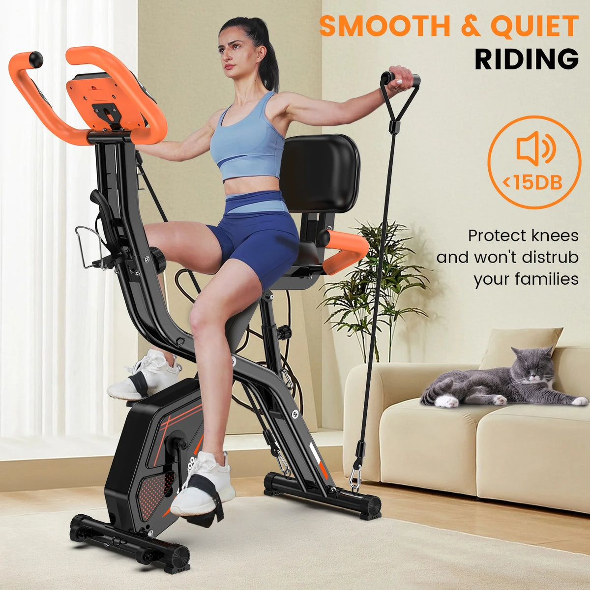 pooboo 4-in-1 Exercise Bike, Foldable Stationary Bike, Tri-Position Indoor Cycling Bike with 8-Level Resistance, Arm Resistance Bands, Pulse Sensor & Back Support Cushion for Home Gym Workout