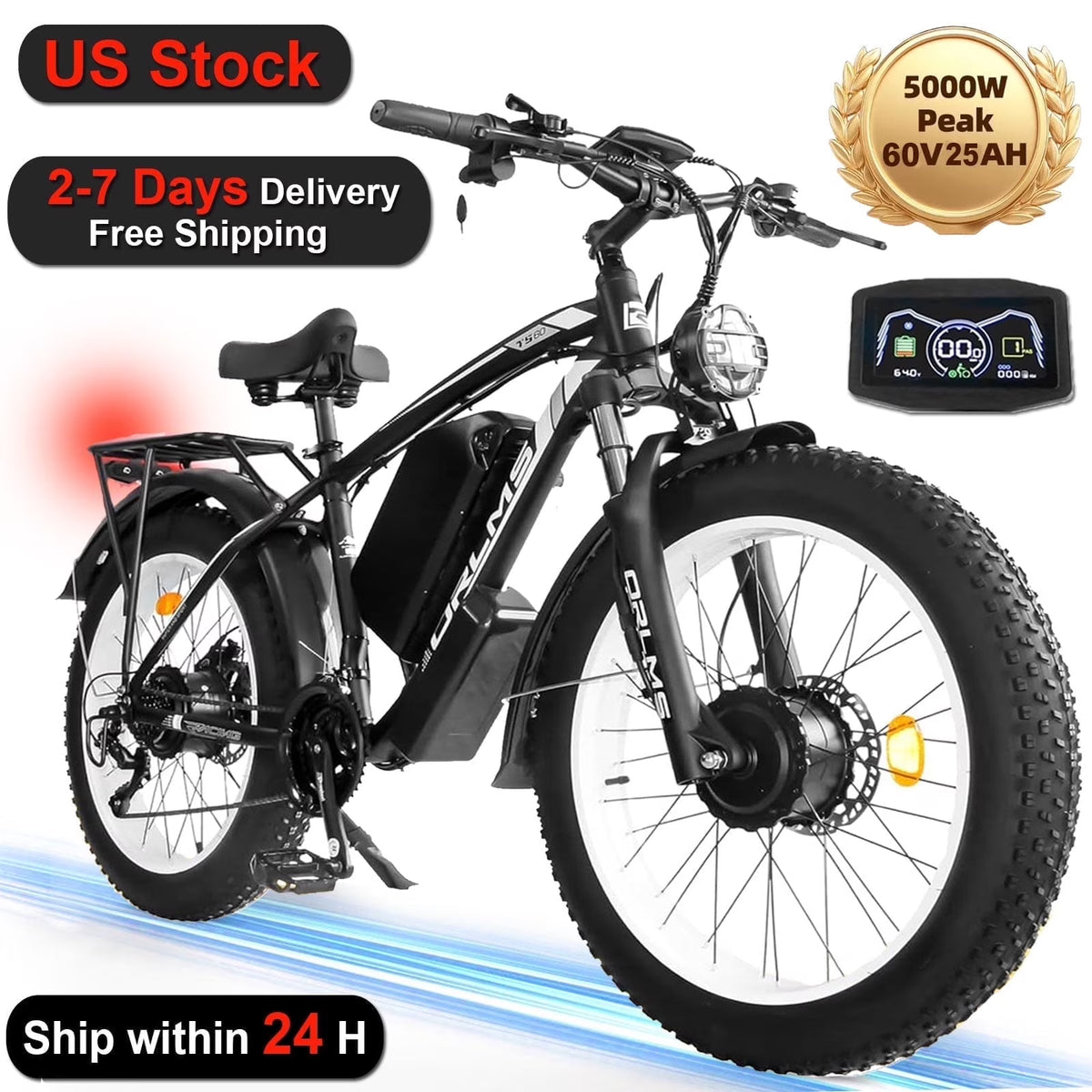 (US in Stock) 5000W Peak Dual Motor Electric Bike for Adults , 60V 25AH Removable Battery Ebike , 50MPH AWD 21-Speed Mountain Snow E-Bike with 26" x 4.0 Fat Tire, Long Range Mountain Off-Road EBikes