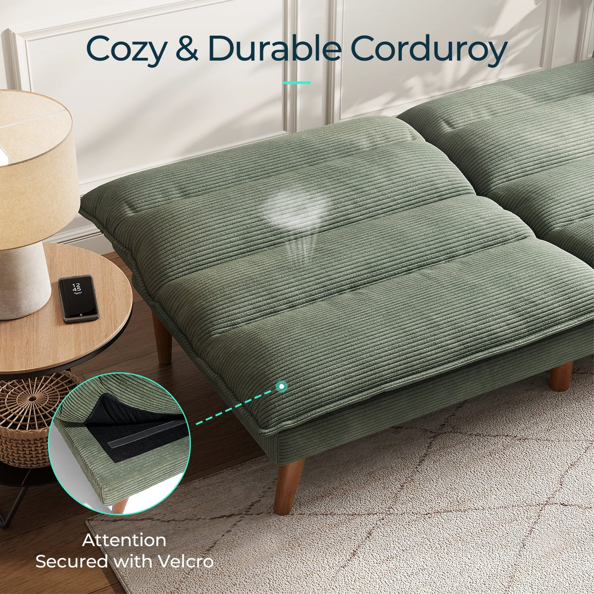 Linsy Home 71" W Corduroy Convertible Futon Sofa Bed, Army Green
