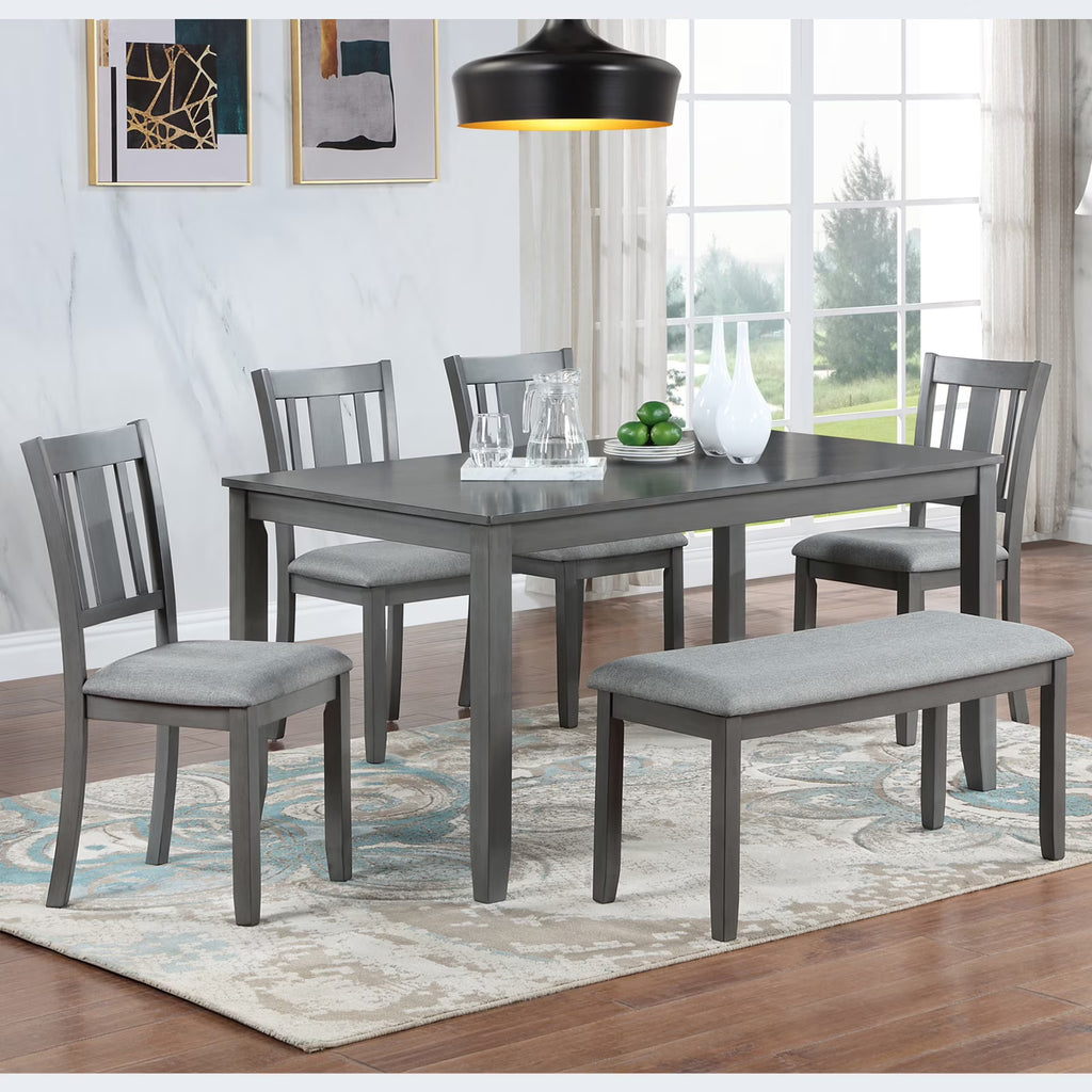 Dining Room Set, LEGAHOME 6 Piece Dining Sets with Bench and Chairs, Solid Wood Kitchen Dining Table Set for 6 with Upholstered Chairs, Gray