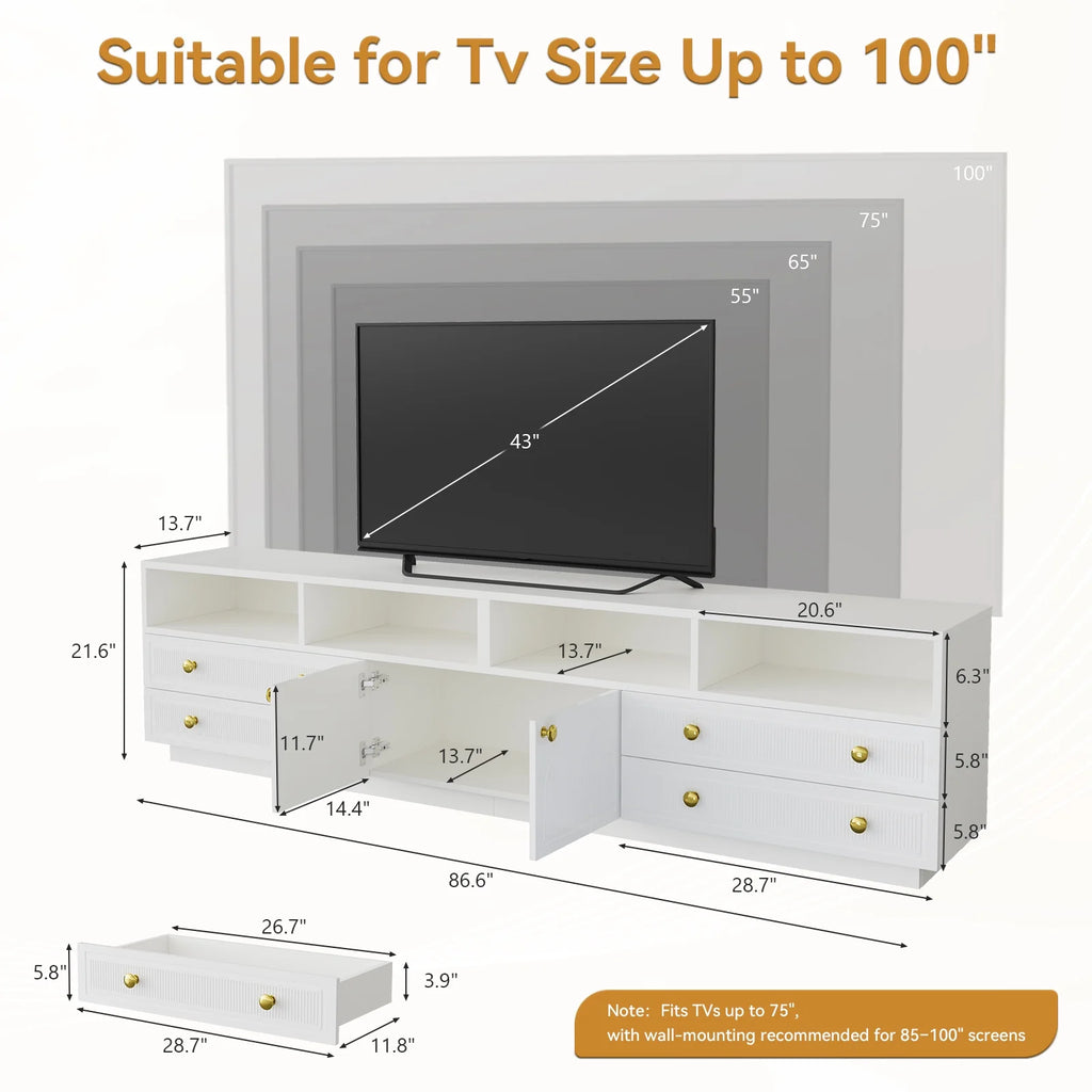 Planntonneo Mid-Century Modern Fluted TV Stand Wooden Media Console Entertainment Center for Living Room, Walnut Color