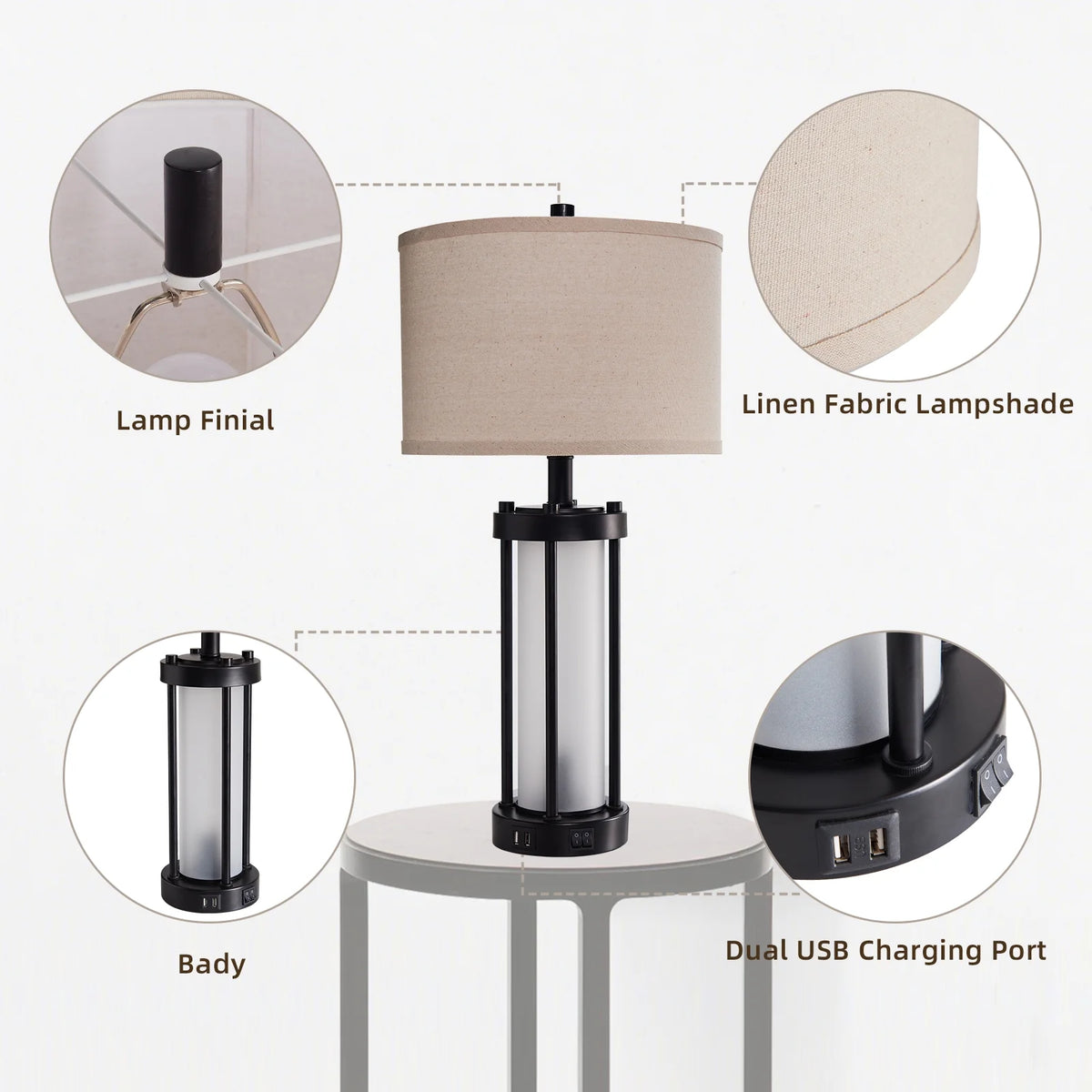 RORIA 24 Modern Living Room Table Lamp 2-Piece Set with 2 USB Charging Ports, Built-in White Frosted Glass with Night Light, Black Vintage Rustic Farmhouse Lamp for Bedroom Nightstand Lamps