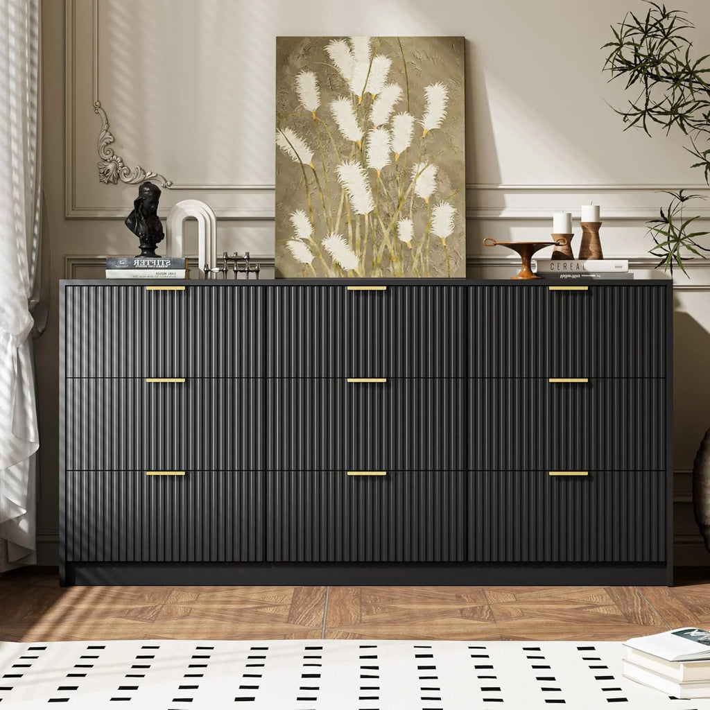 Furniway Fluted Large 9-Drawer Black Dresser