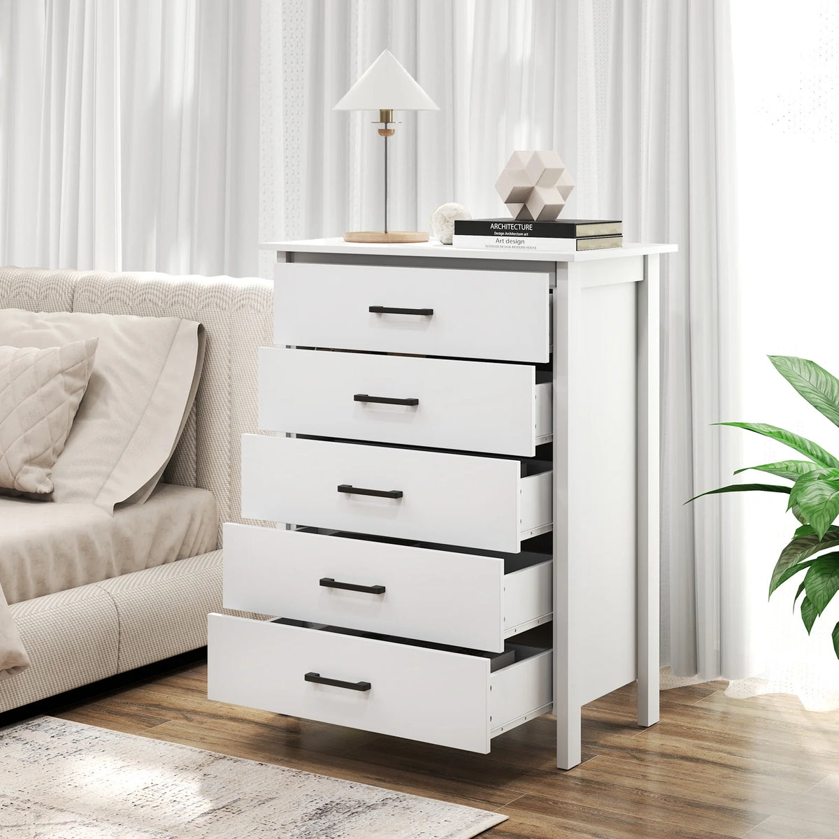 Costway Modern 5 Drawer Chest Storage Dresser Cabinet with Metal Handles Gray Oak