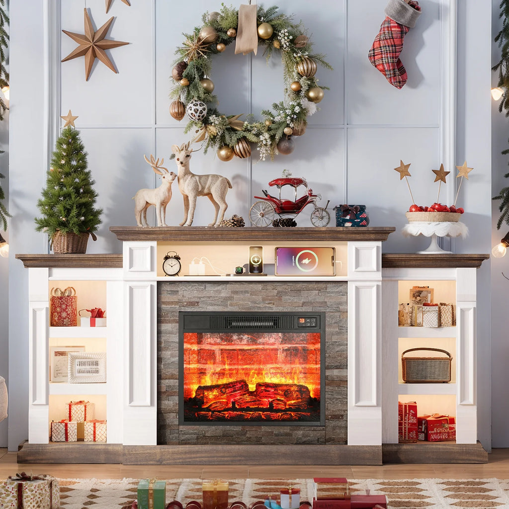Holliwill 72" TV Stand for TVs up to 80" with Charging Station & LED Light, Electric Fireplace with Mantel, Entertainment Center with 23" Electric Heater, White Brown