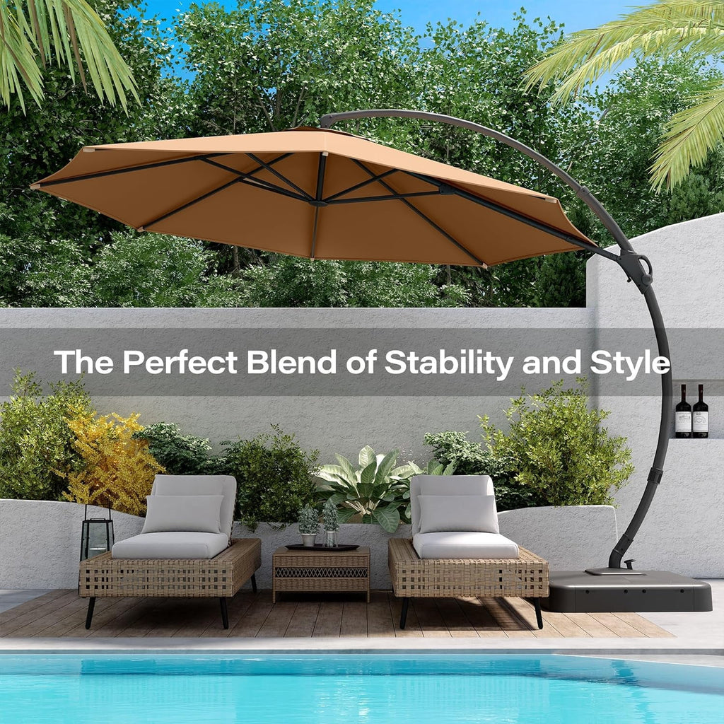 LAUSAINT HOME 11FT Patio Umbrella with Base, Outdoor Deluxe Curvy Cantilever Umbrella for Patio Pool Deck, Champagne
