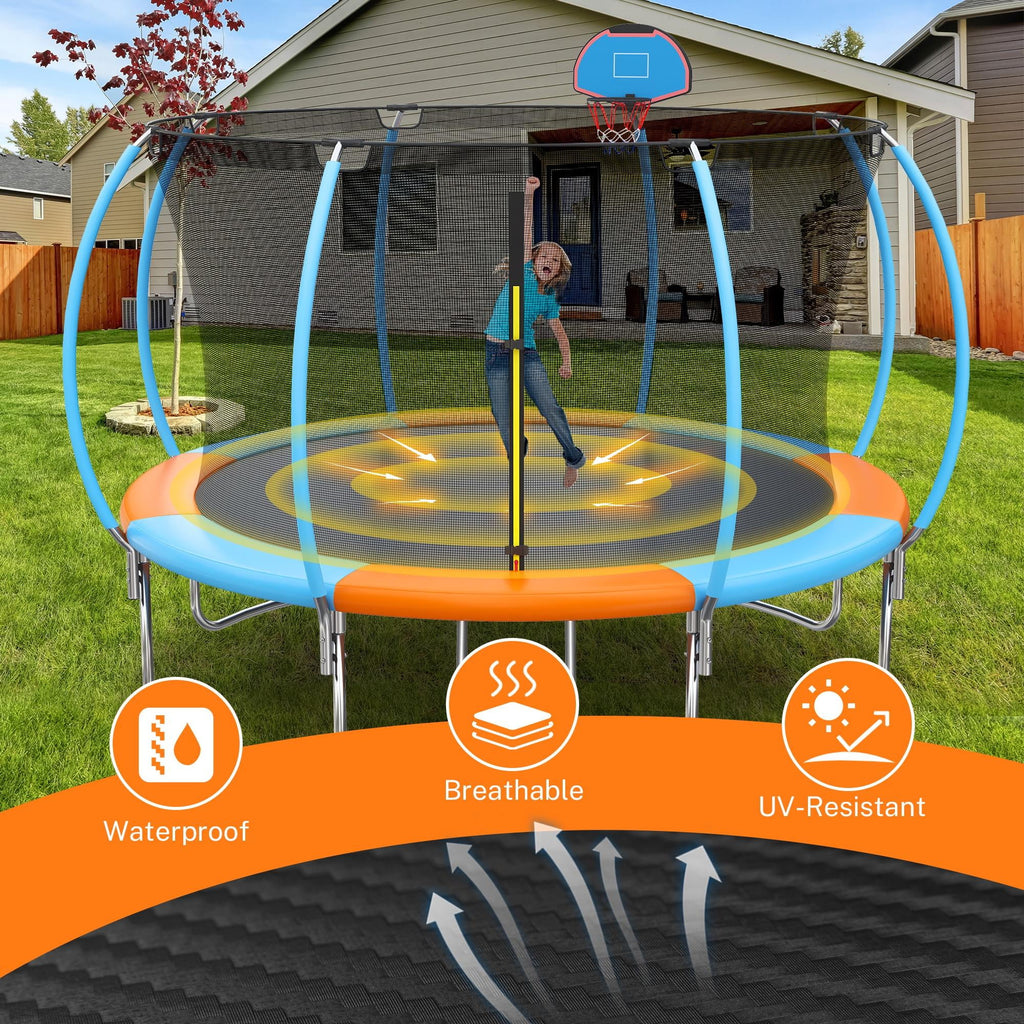 Trampoline Outdoor, 14FT Kids Trampoline with Enclosure Net and Ladder, Upgrade All-Weather Round Trampoline Curved Design with 5 Heavy-Duty Steel Legs