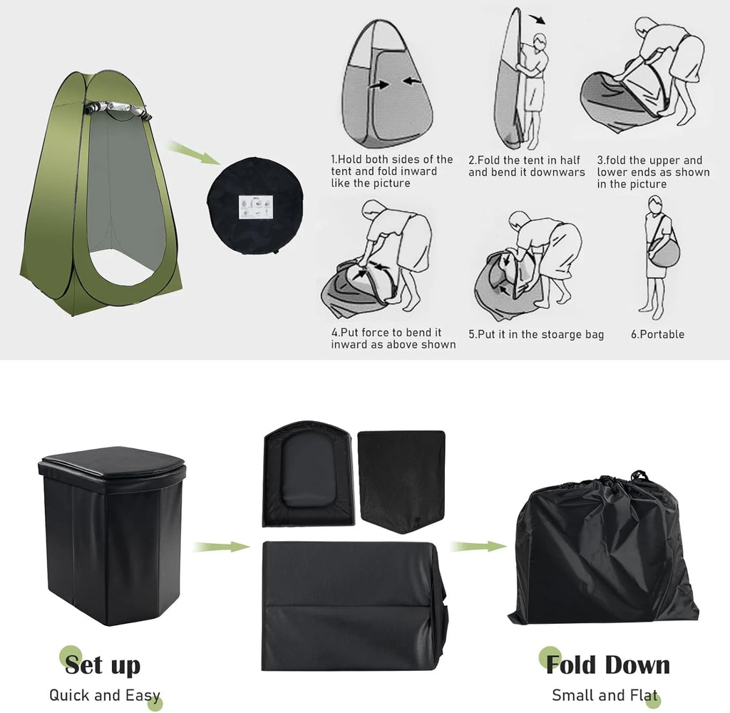 Portable Camping Toilet Kit for Adults, X Large Pop-Up Privacy Tent with Folding Toilet and Outdoor Shower Facilities