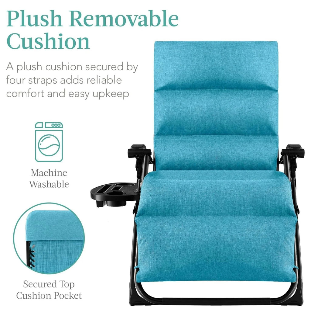 Oversized Chair, Folding Outdoor Patio Recliner, XL Anti Gravity Lounger w/Removable Cushion, Cup Holder, Side Tray, 350lb Capacity - Taupe