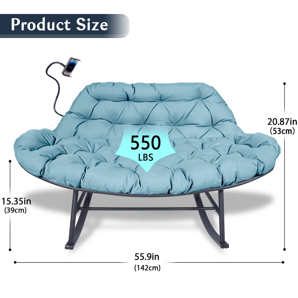 Outdoor Loveseat Rocking Chair with Thicken Cushion and Phone Holder for 2 Person for Garden Patio Yard (Beige)