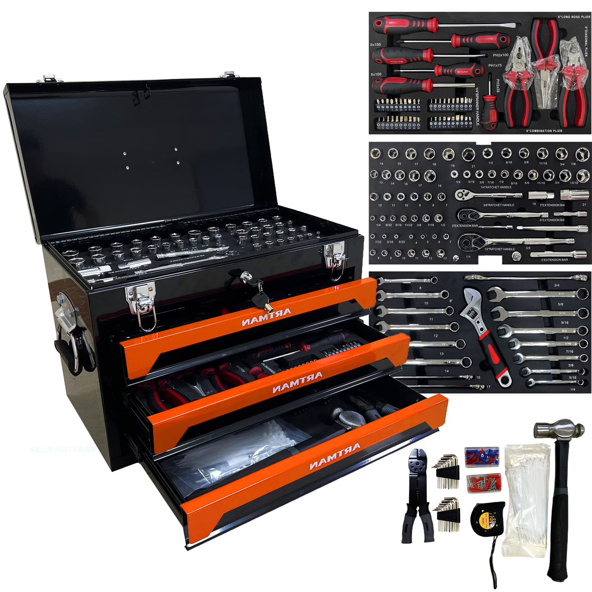 NIGSQJB Tool Set 439pcs with 3 Drawers Tool Box Organizer, Mechanic Tool Set for Home, Tool Box Set 4-Tier Socket Wrench Ratchet Plier Nails, Home Tool Set Mechanics Kit for Adults Man Handyman, Red