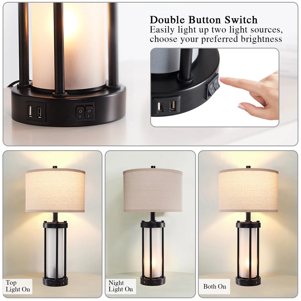 RORIA 24 Modern Living Room Table Lamp 2-Piece Set with 2 USB Charging Ports, Built-in White Frosted Glass with Night Light, Black Vintage Rustic Farmhouse Lamp for Bedroom Nightstand Lamps