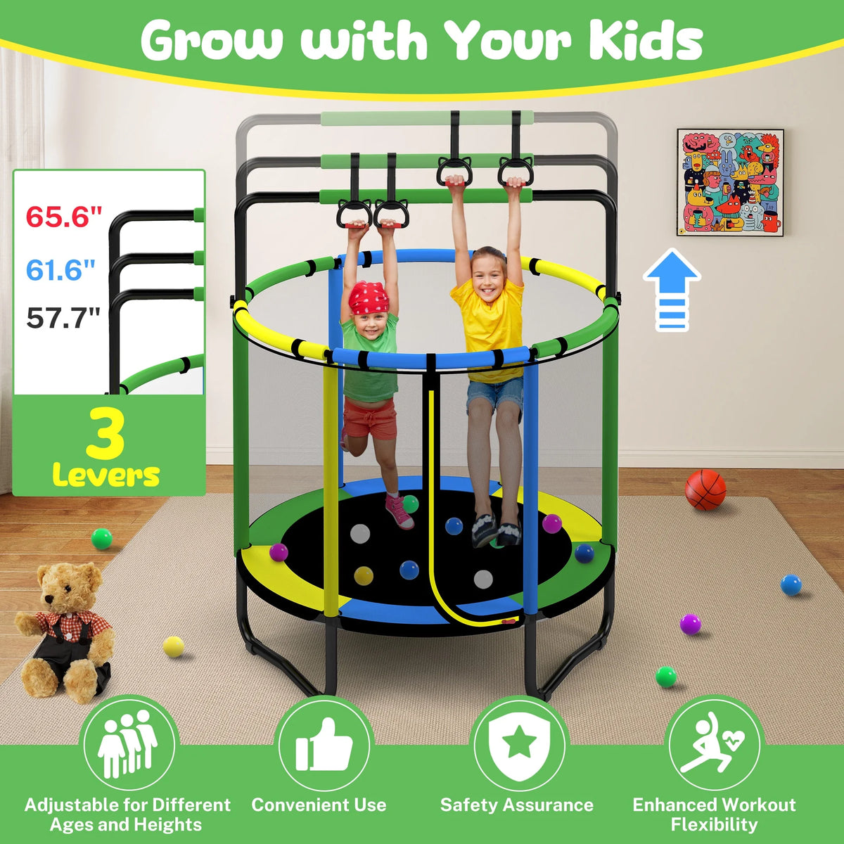 Mini Round Trampoline for Kids with Basketball Hoop, SEGMART 55'' Indoor Outdoor Toddler Trampoline with Enclosure Net, Swing, Sandbag, Ring, Ocean Balls, Small Trampoline Gift for Boys Girls, Blue
