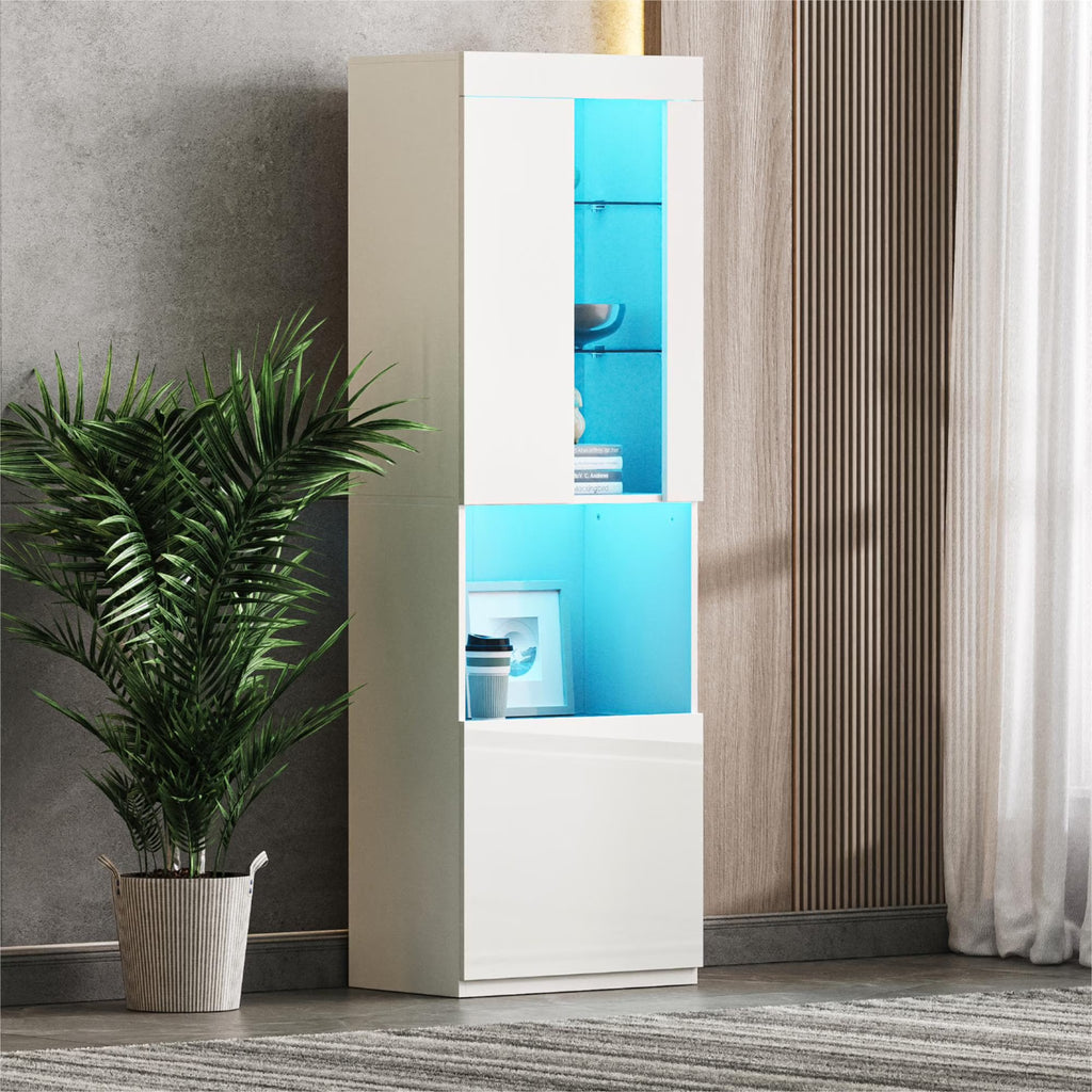 MAYEERTY High Gloss Pantry Cabinet with LED Lights: Modern Bookcase & Display Cabinet for Living Room, Black