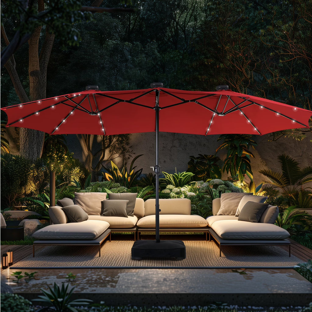 Alpha Joy 15ft Extra Large Outdoor Patio Double-Sided Umbrella with LED Solar Lights & Umbrella Base, Beige