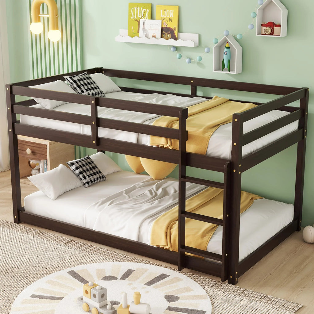 SESSLIFE Bunk Bed Twin Over Twin, Low Floor Bunk Bed with Guard Rails for Dorm, Small Space, No Box Spring Needed(White)