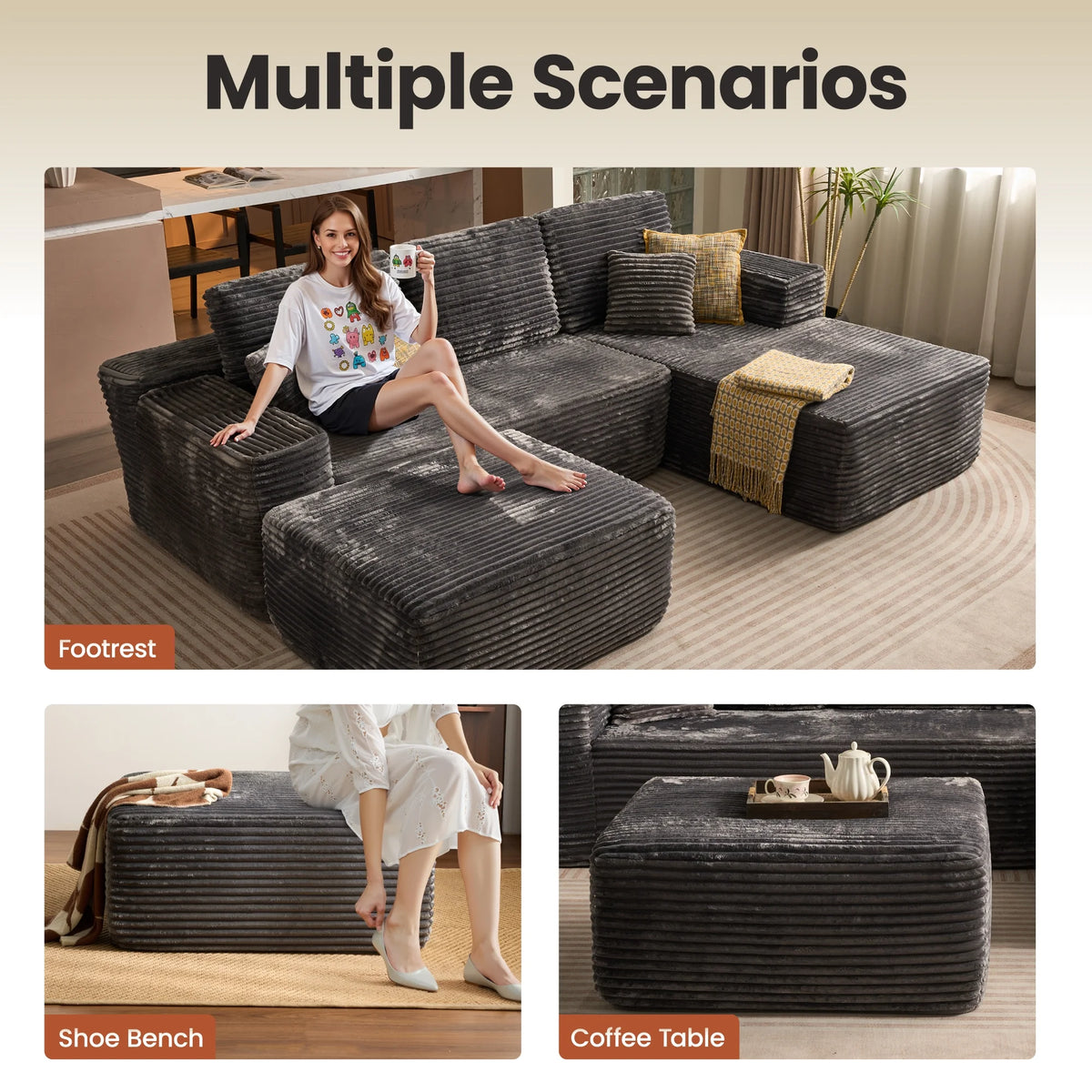 Ovios 106" L-Shaped Sectional Sofa Modern Modular Cloud Couch with Deep Seating Upholstered Sofa for Living Room Bedroom, No Assembly Required, Black(Corduroy)