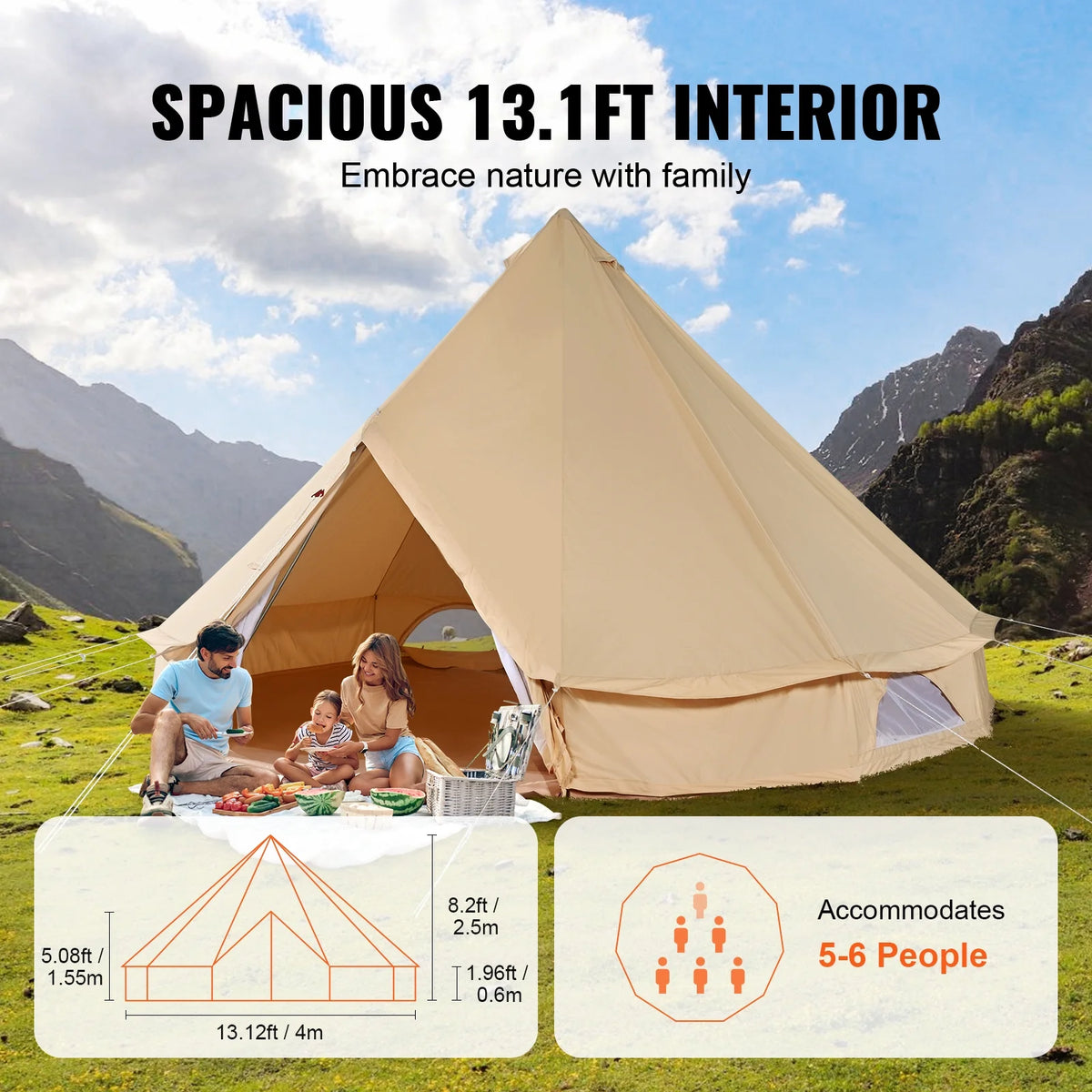 VEVOR Canvas Bell Tent, 4 Seasons 4 m/13.12 ft Yurt Tent, Canvas Tent for Camping with Stove Jack, Breathable Tent Holds up to 6 People, Family Camping Outdoor Hunting Party