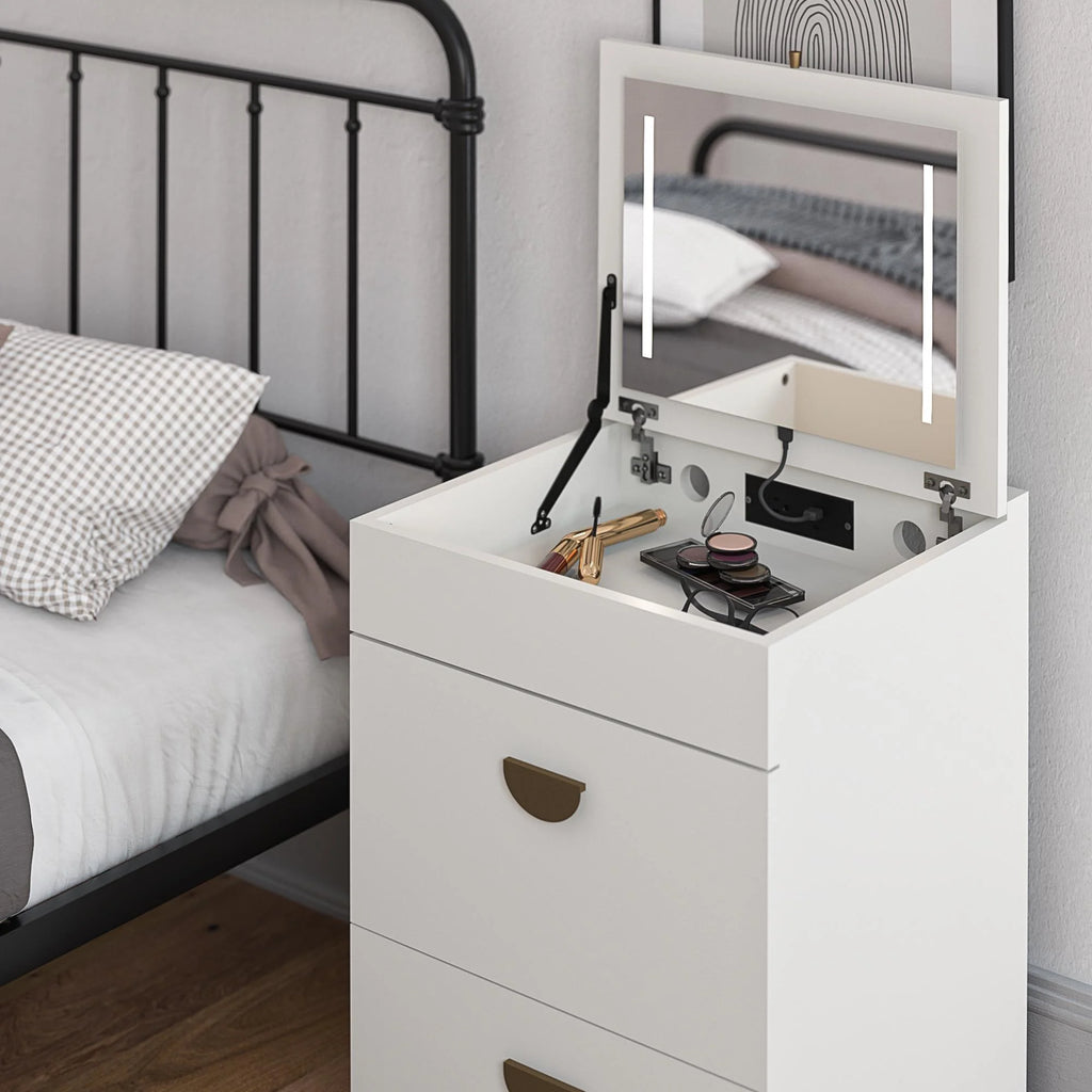 Ameriwood Home Compact 3-in-1 Vanity Set, Makeup Storage Desk & Stool, Mirror w/ LED lights & USB Charging Station, White