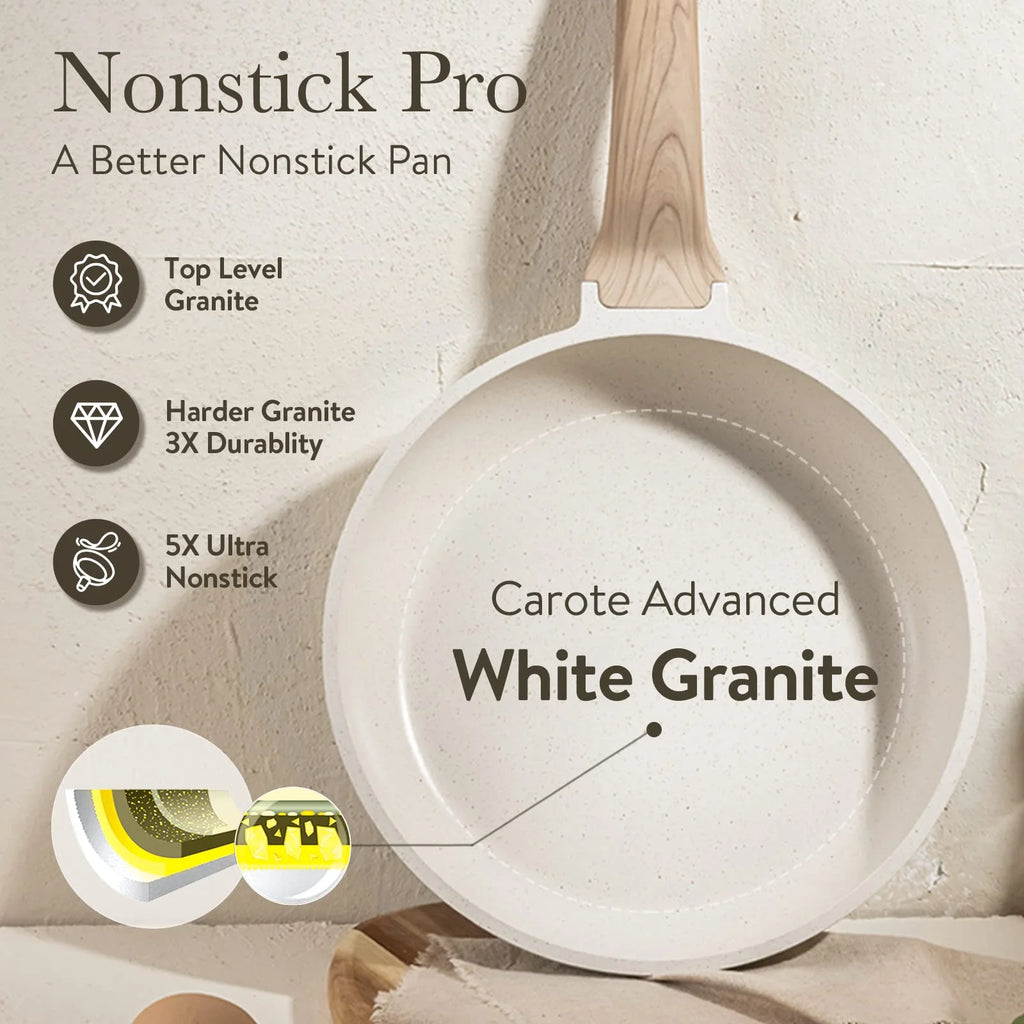 Carote 19 Pcs Nonstick Cookware Sets, Granite Pots and Pans Set Non Stick, White