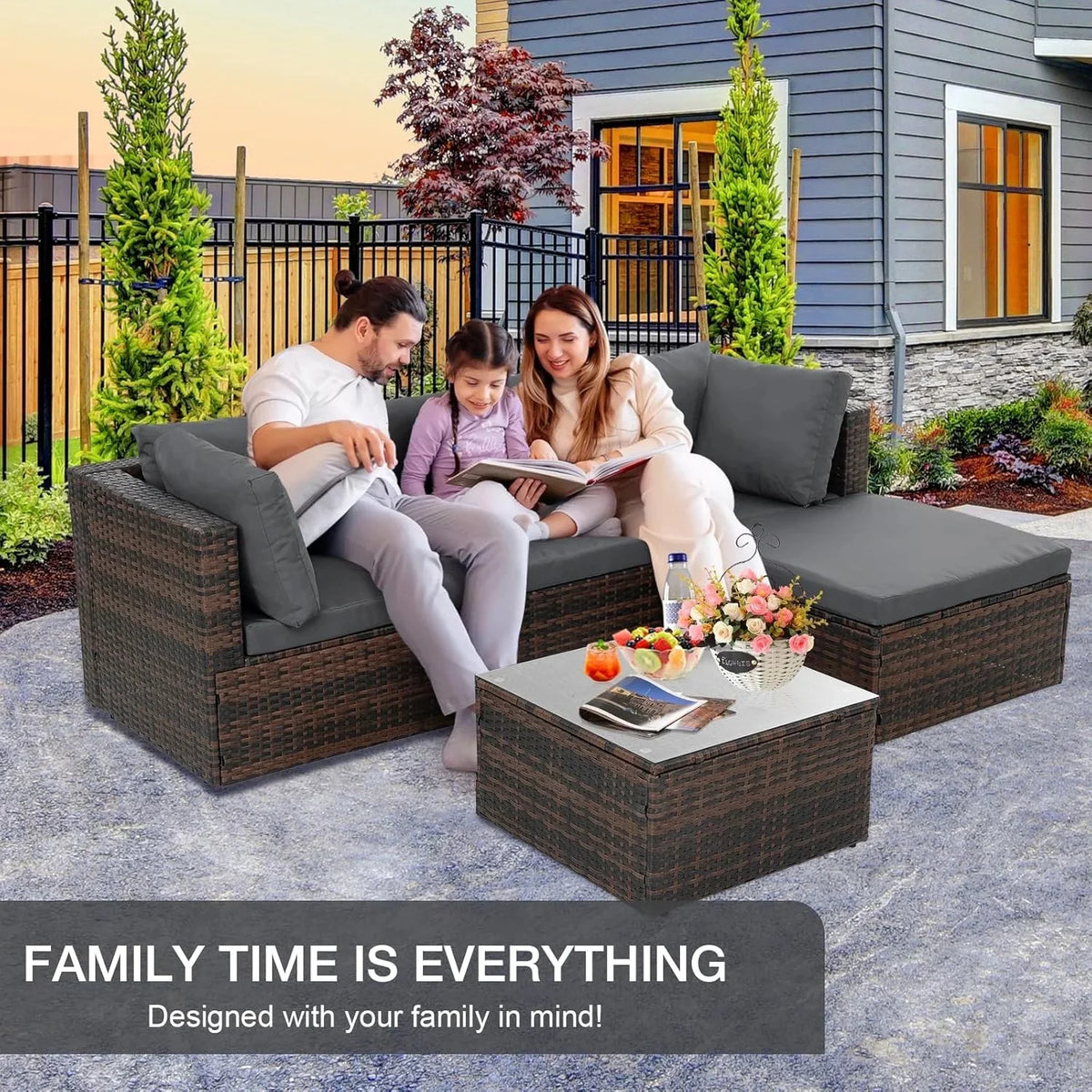 6 Pieces Wicker Patio Furniture Set Outdoor Conversation Set, All Weather PE Rattan Sectional Sofa Couch with Storage Table and Cushions, Beige