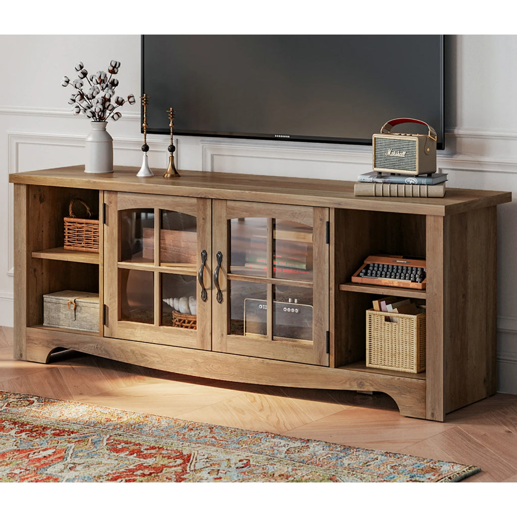 LINSY HOME Modern Farmhouse TV Stand for TVs up to 65",Home Entertainment Center with Storage Cabinet and Adjustable Shelves,Washed Grey & Brown