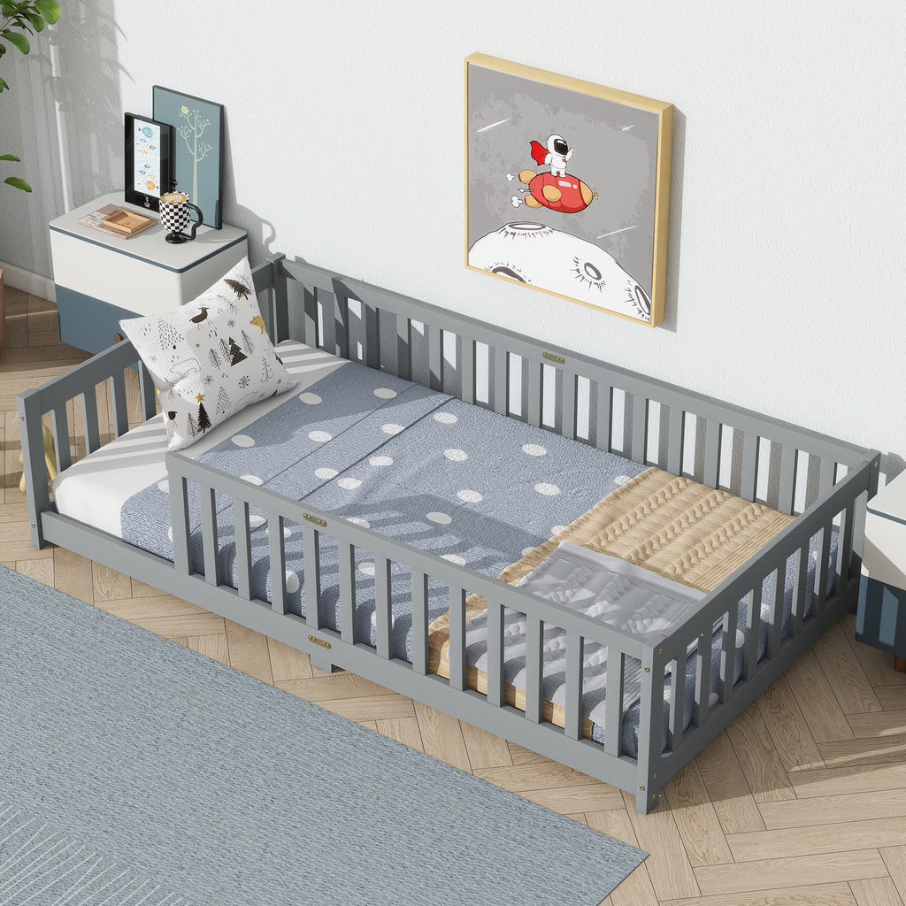 Miniyam Wooden Twin Size Floor Bed with Safety Fence for Kids, Natural