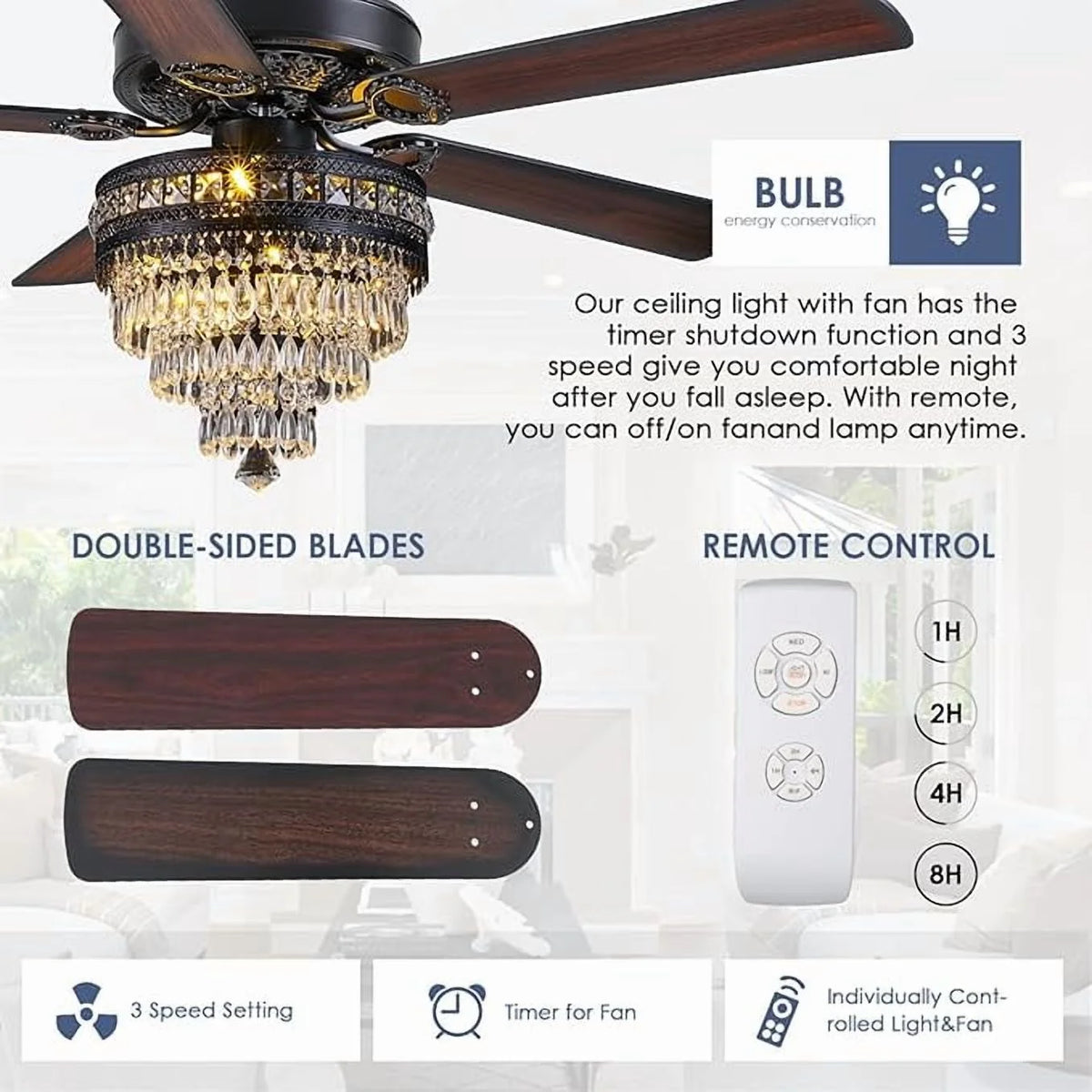YIOSI 52" Crystal Ceiling Fan Fandelier with Remote Control, Modern Chrome Chandelier Ceiling Fan, Whisper-Quiet Motor, Reversible Blades, LED Lighting, Energy-Efficient, Elegant Living Room Fan