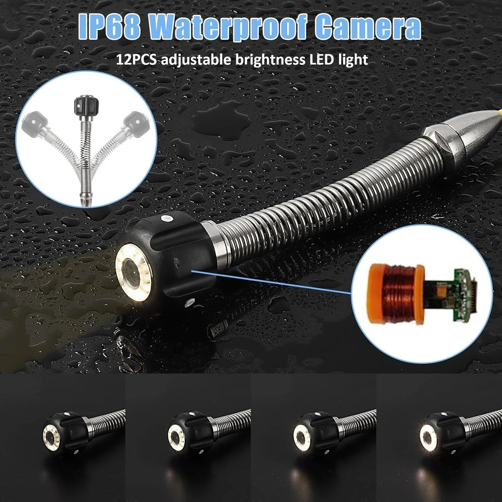 Aoile 100Ft Sewer Camera with Locator, 7" Snake Camera with DVR & 12 Adjustable LEDs, Pipe Camera w/ Self Leveling, Drain Camera for Inspecting Sewers