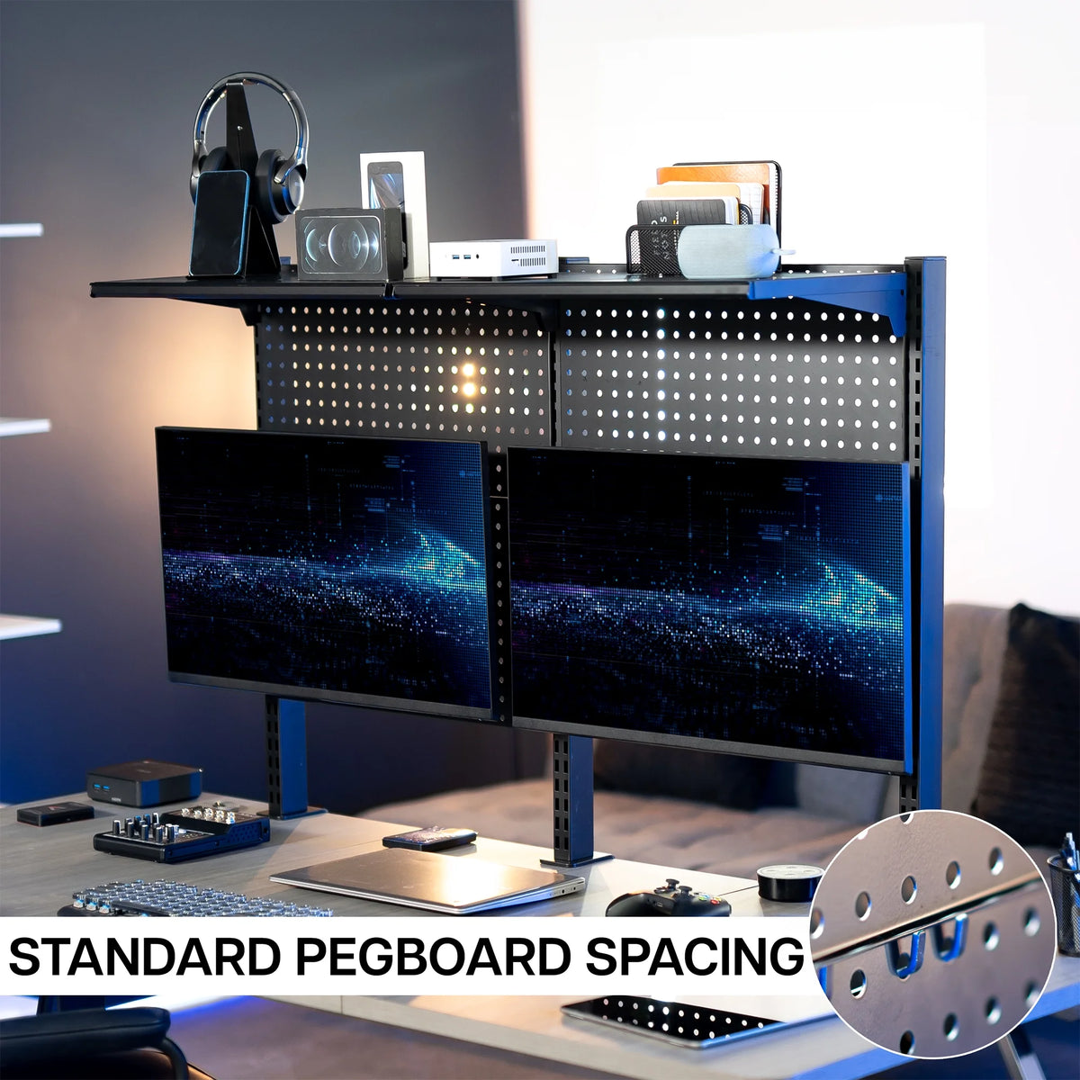 VIVO Black Steel Clamp-on 47" Pegboard with Monitor Mounts & Overhead Shelf